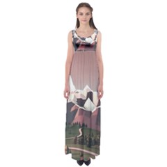 White And Brown Mountain Illustration Digital Art Empire Waist Maxi Dress by Cendanart