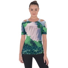 Green And White Polygonal Mountain Shoulder Cut Out Short Sleeve Top by Cendanart