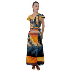 Snow Capped Mountain Himalayas Clouds Landscape Nature Flutter Sleeve Maxi Dress by Cendanart