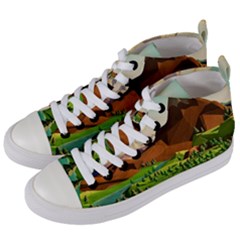 River Between Green Forest With Brown Mountain Women s Mid-top Canvas Sneakers by Cendanart