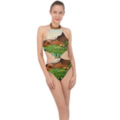 River Between Green Forest With Brown Mountain Halter Side Cut Swimsuit by Cendanart