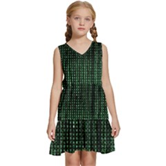 Green Matrix Code Illustration Digital Art Portrait Display Kids  Sleeveless Tiered Mini Dress by Cendanart