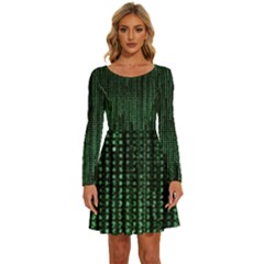 Green Matrix Code Illustration Digital Art Portrait Display Long Sleeve Wide Neck Velvet Dress by Cendanart