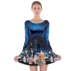 Navy Xmas City Lights Snow Double Sided Long Sleeve Skater Dress by CoolDesigns