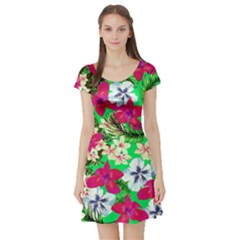 Neon Green Pink Orange Hawaii 2 Short Sleeve Skater Dress by CoolDesigns