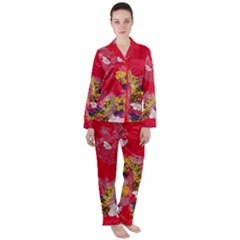 Hand Draw Red Vintage Japanese Floral Pattern Satin Long Sleeve Pyjamas Set by CoolDesigns