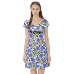 Blue Purple Blue Violet White Floral Pattern Silhouettes Butterflies Short Sleeve Skater Dress by CoolDesigns