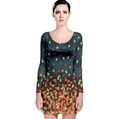 Cadet Blue Hand Drawn Autumn Leaves Long Sleeve Velvet Bodycon Dress by CoolDesigns