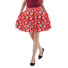 Red Yummy Sweet Lollipop Candy Macaroon Cupcake Donut Seamless A-line Pocket Skirt  by CoolDesigns