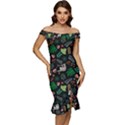 Floral Pattern With Plants Sloth Flowers Black Backdrop Off Shoulder Ruffle Split Hem Bodycon Dress View1