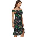 Floral Pattern With Plants Sloth Flowers Black Backdrop Off Shoulder Ruffle Split Hem Bodycon Dress View3