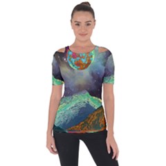 Psychedelic Universe Color Moon Planet Space Shoulder Cut Out Short Sleeve Top by Cendanart