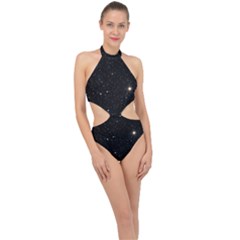 Sky Black Star Night Space Edge Super Dark Universe Halter Side Cut Swimsuit by Cendanart