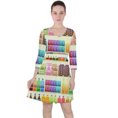 Supermarket Shelf Products Snacks Quarter Sleeve Ruffle Waist Dress by Cendanart