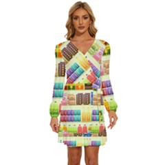 Supermarket Shelf Products Snacks Long Sleeve Waist Tie Ruffle Velvet Dress by Cendanart