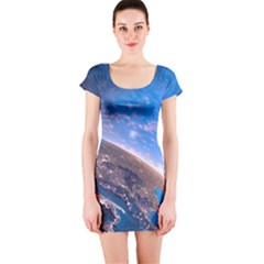 Earth Blue Galaxy Sky Space Short Sleeve Bodycon Dress by Cemarart