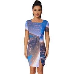 Earth Blue Galaxy Sky Space Fitted Knot Split End Bodycon Dress by Cemarart