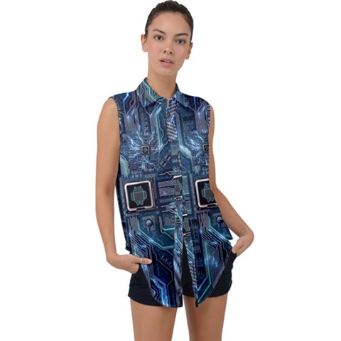 Circuit Board Motherboard Sleeveless Chiffon Button Shirt by Cemarart