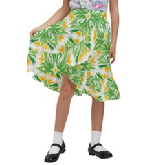 Green Pattern Retro Wallpaper Kids  Ruffle Flared Wrap Midi Skirt by Bajindul