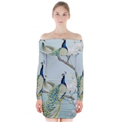 Couple Peacock Bird Spring White Blue Art Magnolia Fantasy Flower Long Sleeve Off Shoulder Dress by Ndabl3x