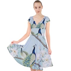 Couple Peacock Bird Spring White Blue Art Magnolia Fantasy Flower Cap Sleeve Front Wrap Midi Dress by Ndabl3x