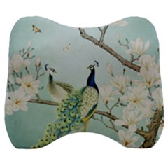 Couple Peacock Bird Spring White Blue Art Magnolia Fantasy Flower Velour Head Support Cushion by Ndabl3x