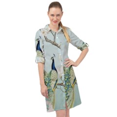 Couple Peacock Bird Spring White Blue Art Magnolia Fantasy Flower Long Sleeve Mini Shirt Dress by Ndabl3x