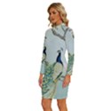 Couple Peacock Bird Spring White Blue Art Magnolia Fantasy Flower Long Sleeve Shirt Collar Bodycon Dress View2