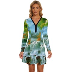 Paradise Forest Painting Bird Deer Waterfalls Long Sleeve Deep V Mini Dress  by Ndabl3x