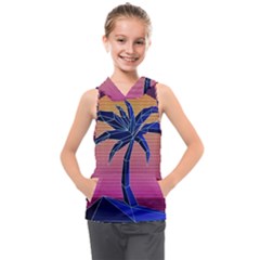 Abstract 3d Art Holiday Island Palm Tree Pink Purple Summer Sunset Water Kids  Sleeveless Hoodie by Cemarart