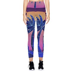 Abstract 3d Art Holiday Island Palm Tree Pink Purple Summer Sunset Water Pocket Leggings  by Cemarart