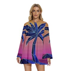 Abstract 3d Art Holiday Island Palm Tree Pink Purple Summer Sunset Water Round Neck Long Sleeve Bohemian Style Chiffon Mini Dress by Cemarart