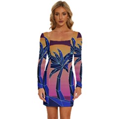 Abstract 3d Art Holiday Island Palm Tree Pink Purple Summer Sunset Water Long Sleeve Square Neck Bodycon Velvet Dress by Cemarart