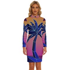 Abstract 3d Art Holiday Island Palm Tree Pink Purple Summer Sunset Water Long Sleeve Shirt Collar Bodycon Dress by Cemarart