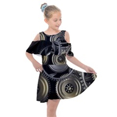 Abstract Style Gears Gold Silver Kids  Shoulder Cutout Chiffon Dress by Cemarart