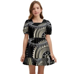 Abstract Style Gears Gold Silver Kids  Short Sleeve Dolly Dress by Cemarart