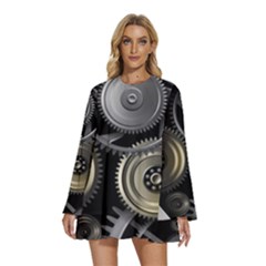 Abstract Style Gears Gold Silver Round Neck Long Sleeve Bohemian Style Chiffon Mini Dress by Cemarart