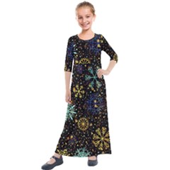 Gold Teal Snowflakes Kids  Quarter Sleeve Maxi Dress by Grandong