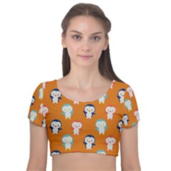 Cute Penguin Funny Pattern Velvet Short Sleeve Crop Top  by Grandong