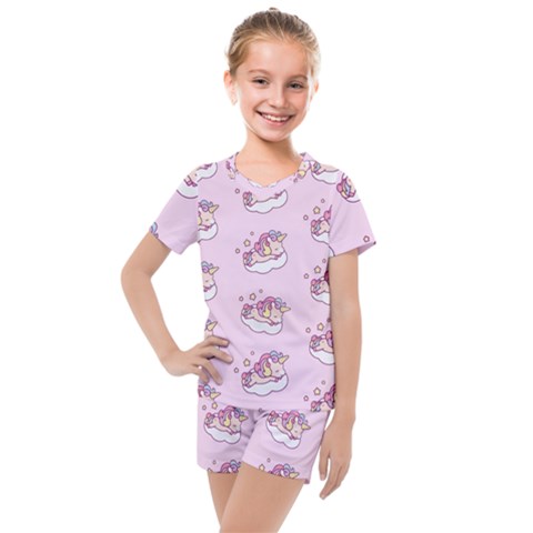 Unicorn Clouds Colorful Cute Pattern Sleepy Kids  Mesh T-shirt And Shorts Set by Grandong