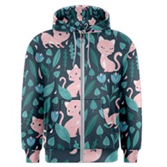 Cat Cute Flowers Leaves Pattern Men s Zipper Hoodie by Grandong