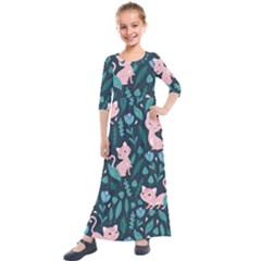 Cat Cute Flowers Leaves Pattern Kids  Quarter Sleeve Maxi Dress by Grandong