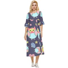 Owl Stars Pattern Background Double Cuff Midi Dress by Grandong