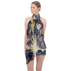 Tardis Doctor Who Pattern Halter Asymmetric Satin Top by Cemarart