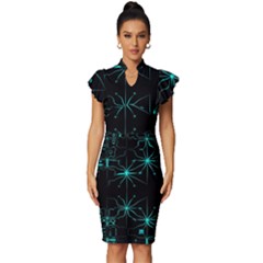 Space Time Abstract Pattern Alien Dark Green Pattern Vintage Frill Sleeve V-neck Bodycon Dress by Cemarart