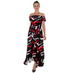 Shape Line Red Black Abstraction Off Shoulder Open Front Chiffon Dress by Cemarart