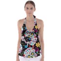 Sugar Skull Black Olorful Flower Tie Back Tankini Top View1