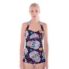 Sugar Skull Black Olorful Flower Boyleg Halter Swimsuit  by Cemarart