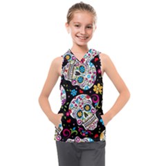 Sugar Skull Black Olorful Flower Kids  Sleeveless Hoodie by Cemarart