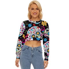 Sugar Skull Black Olorful Flower Lightweight Long Sleeve Sweatshirt by Cemarart